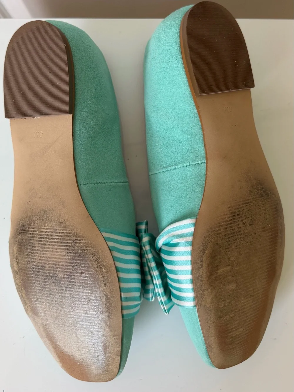 Talbots Mint Aqua Suede Loafers Flats Striped Bow Square Toe Size 6M